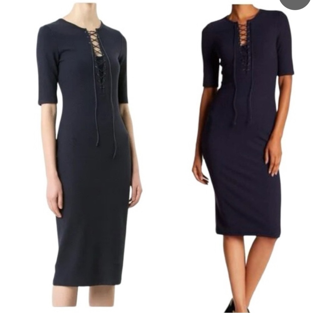 Derek Lam 10 Crosby Lace-Up Midi Dress Stretch-Knit Cotton Blend Black Size 8